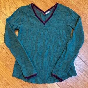 Free People Intimately Lace Long Sleeve Green V Neck Shirt Top Womens Small